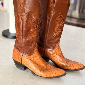 Lucchese Tan and Brown Ostrich Western Boots
